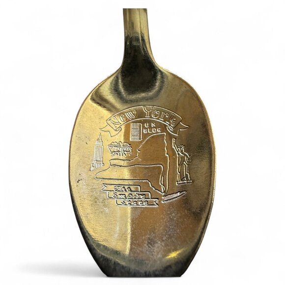 Vintage New York Souvenir Spoon 4.5" Collectible Gold-Tone Statue Of Liberty Des - Picture 4 of 5